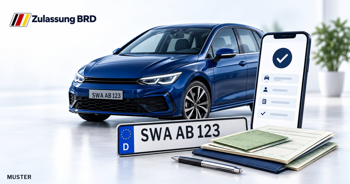 Online Fahrzeugzulassung in Geisenheim: Musterkennzeichen SWA AB 123, Auto und Fahrzeugpapiere und Smartphone. Illustration mit Logo von Zulassung BRD.